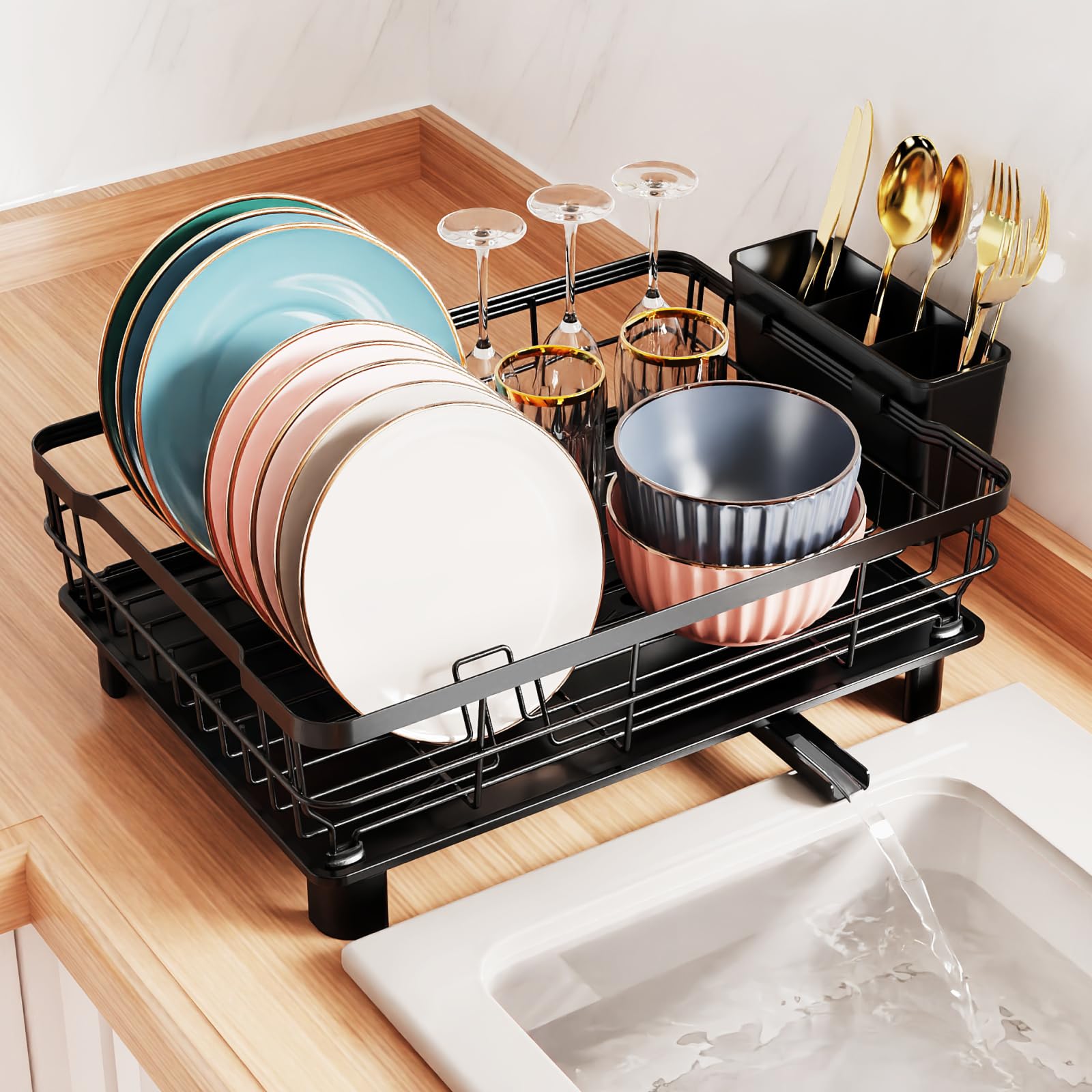 GSlife Dish Drying Rack with Drainboard - Dish Racks for Kitchen Counter, Metal Dish Drainer with Utensil Holder, No Drain Spout, White