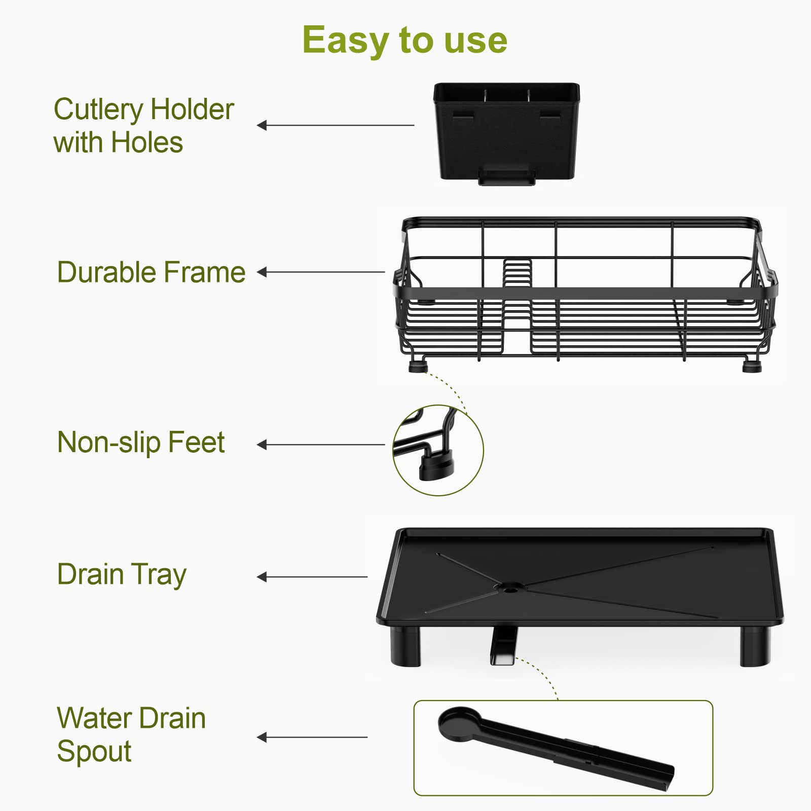 GSlife Dish Drying Rack with Drainboard - Dish Racks for Kitchen Counter, Metal Dish Drainer with Utensil Holder, No Drain Spout, White