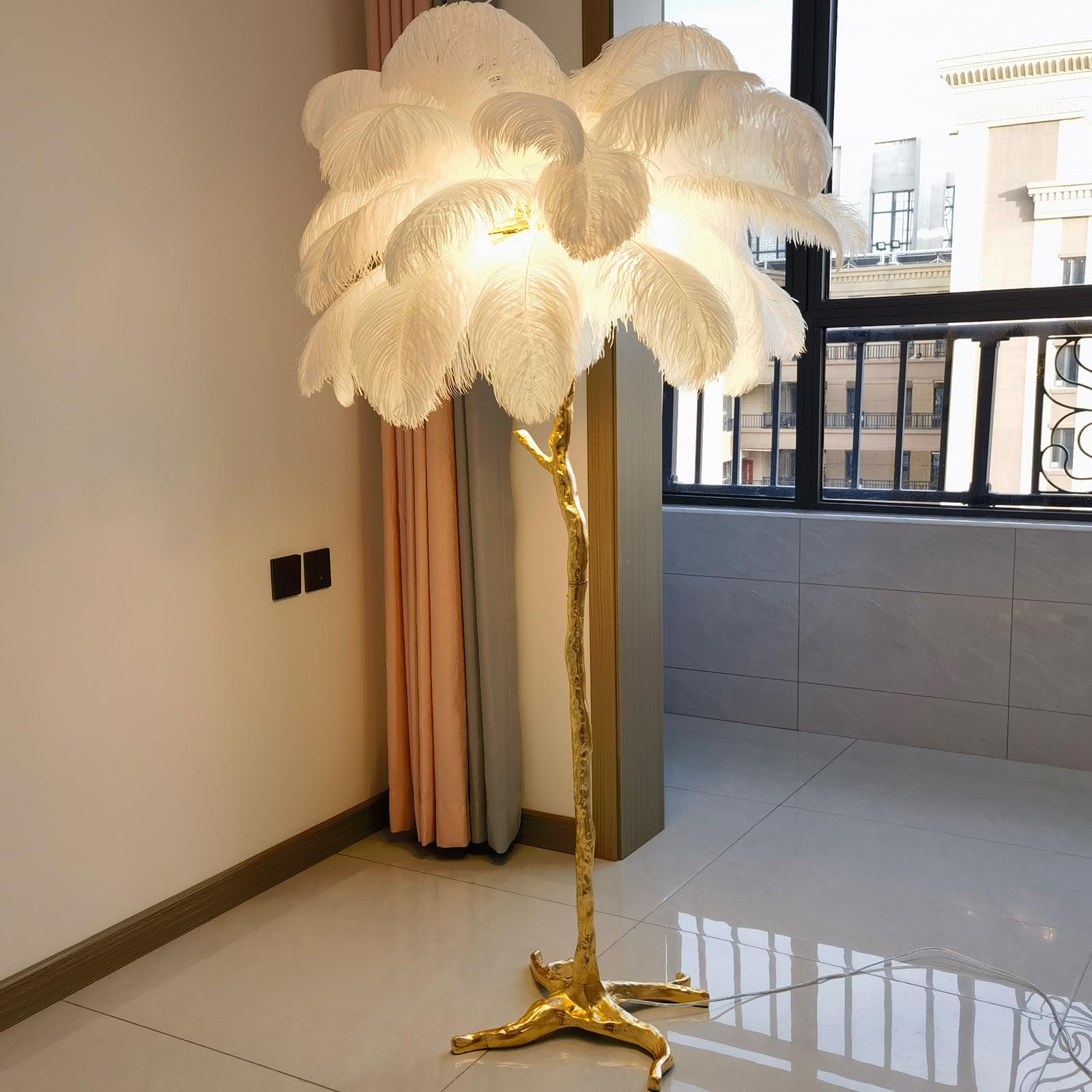 Natural Ostrich Feather Floor Lamp,Feather Lamps for Bedrooms and Living Room with Foot Switch Dimmable,Resin Feather Standing Lamp H:170cm (White)