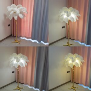 Natural Ostrich Feather Floor Lamp,Feather Lamps for Bedrooms and Living Room with Foot Switch Dimmable,Resin Feather Standing Lamp H:170cm (White)