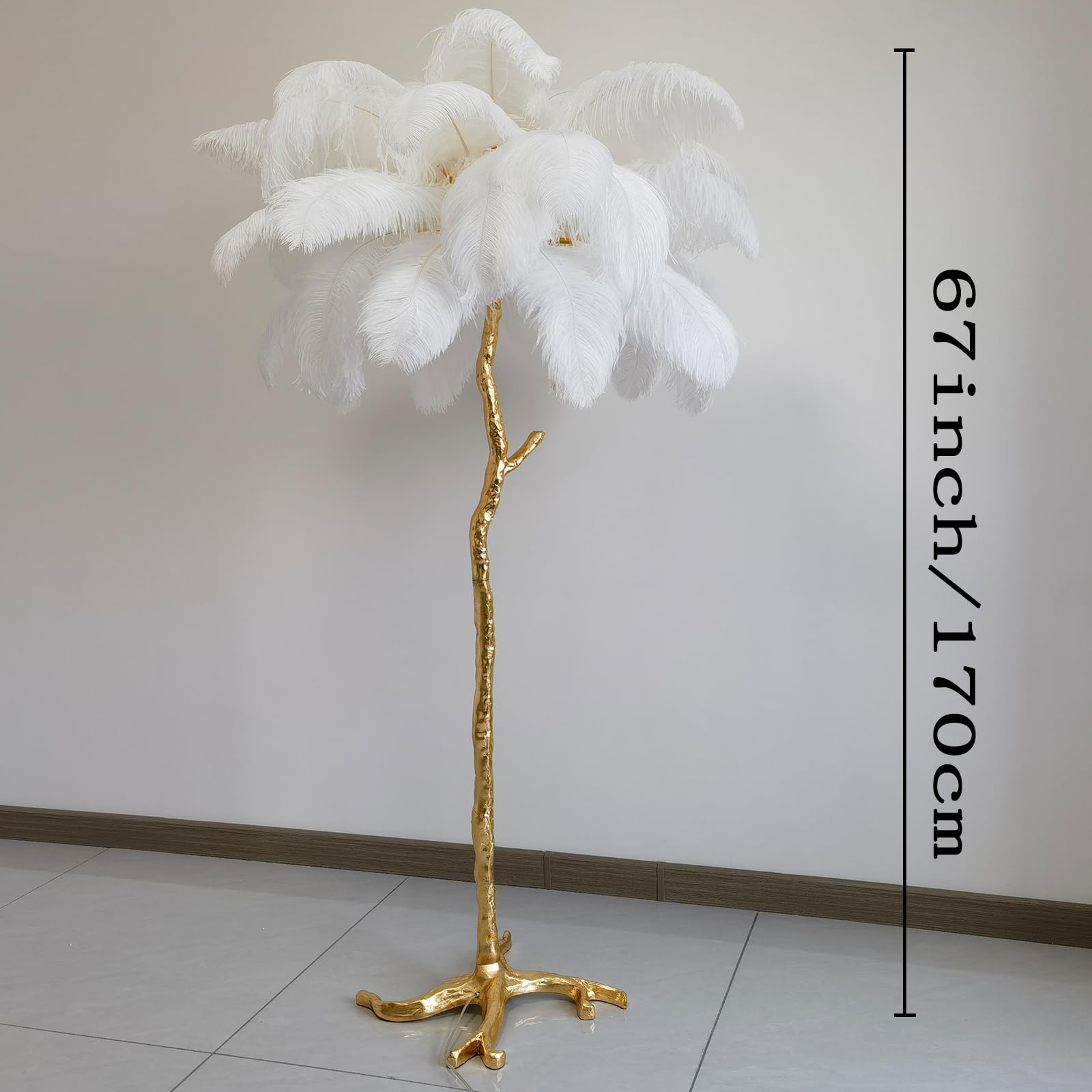 Natural Ostrich Feather Floor Lamp,Feather Lamps for Bedrooms and Living Room with Foot Switch Dimmable,Resin Feather Standing Lamp H:170cm (White)