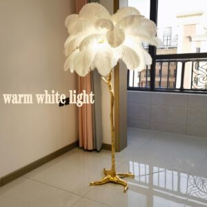 Natural Ostrich Feather Floor Lamp,Feather Lamps for Bedrooms and Living Room with Foot Switch Dimmable,Resin Feather Standing Lamp H:170cm (White)