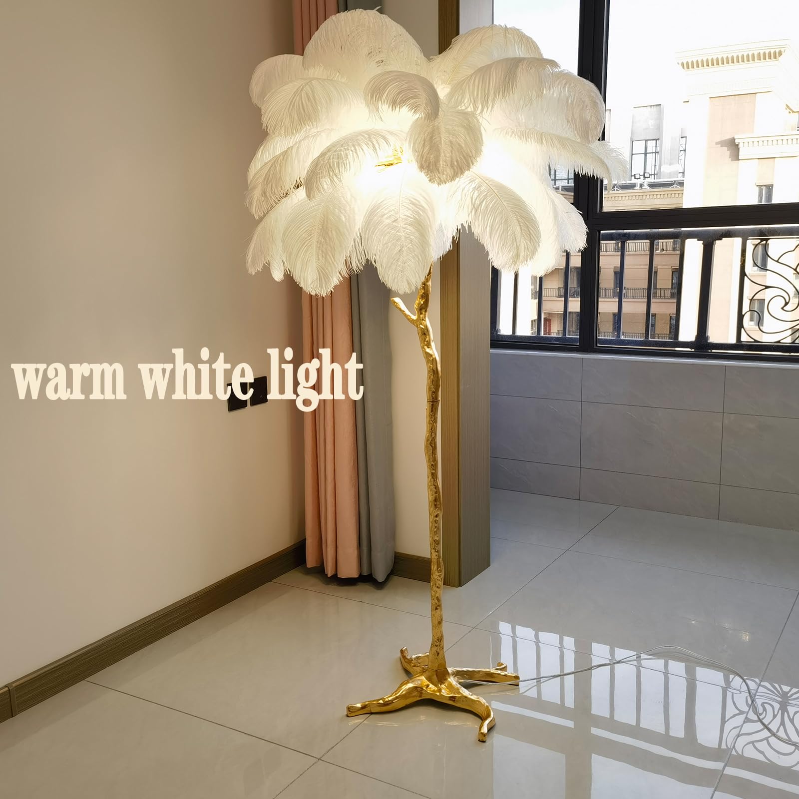 Natural Ostrich Feather Floor Lamp,Feather Lamps for Bedrooms and Living Room with Foot Switch Dimmable,Resin Feather Standing Lamp H:170cm (White)