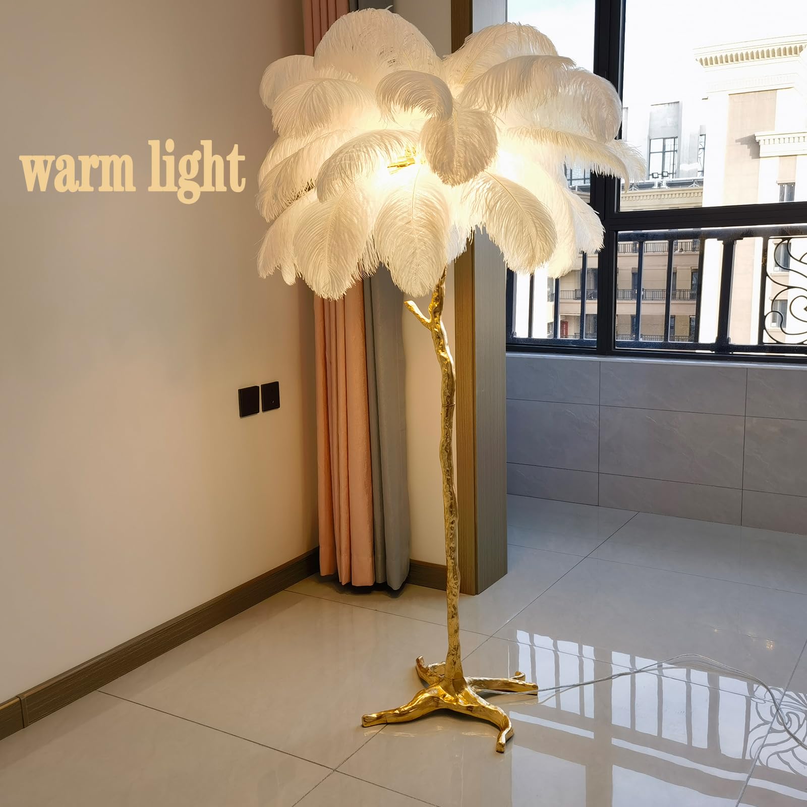 Natural Ostrich Feather Floor Lamp,Feather Lamps for Bedrooms and Living Room with Foot Switch Dimmable,Resin Feather Standing Lamp H:170cm (White)