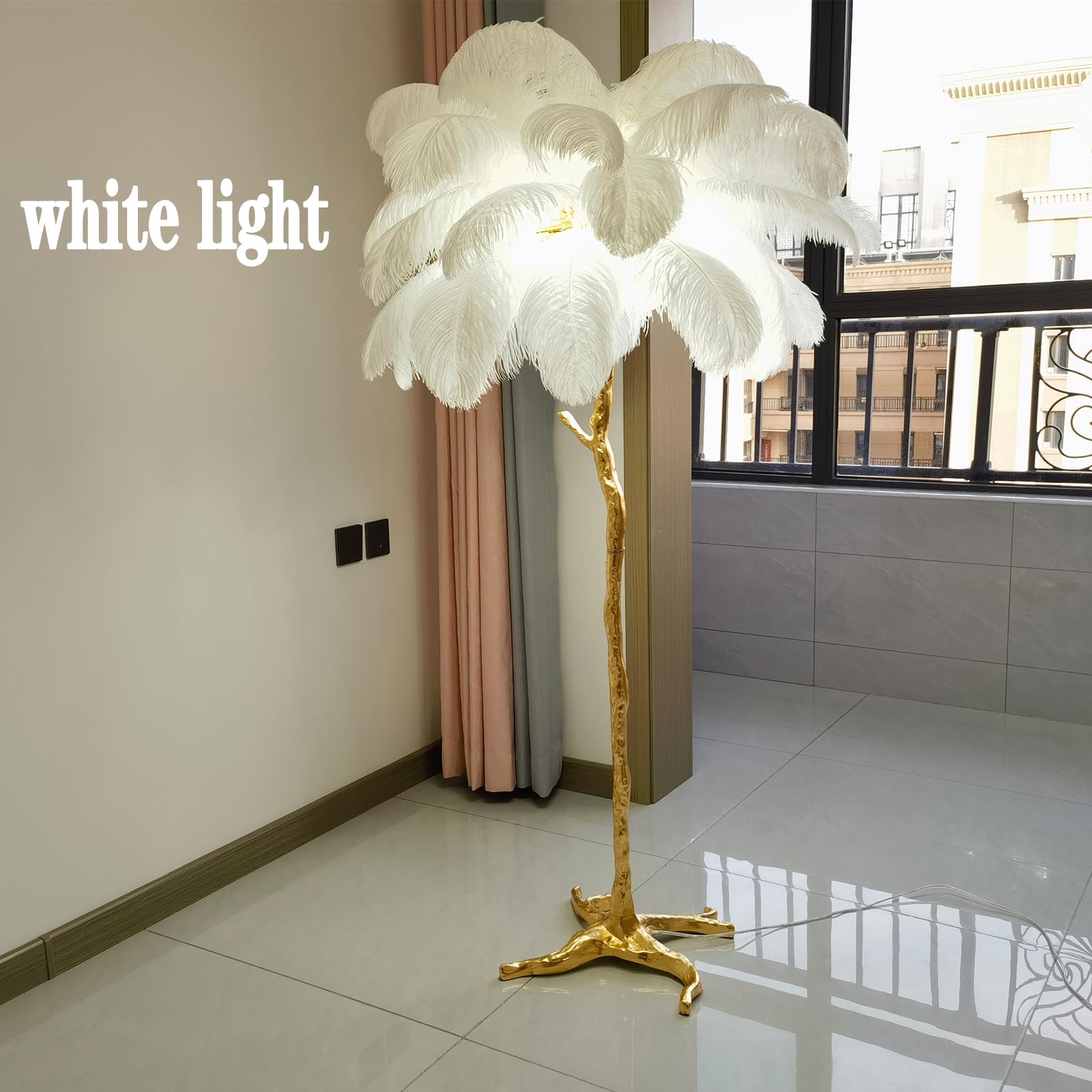 Natural Ostrich Feather Floor Lamp,Feather Lamps for Bedrooms and Living Room with Foot Switch Dimmable,Resin Feather Standing Lamp H:170cm (White)