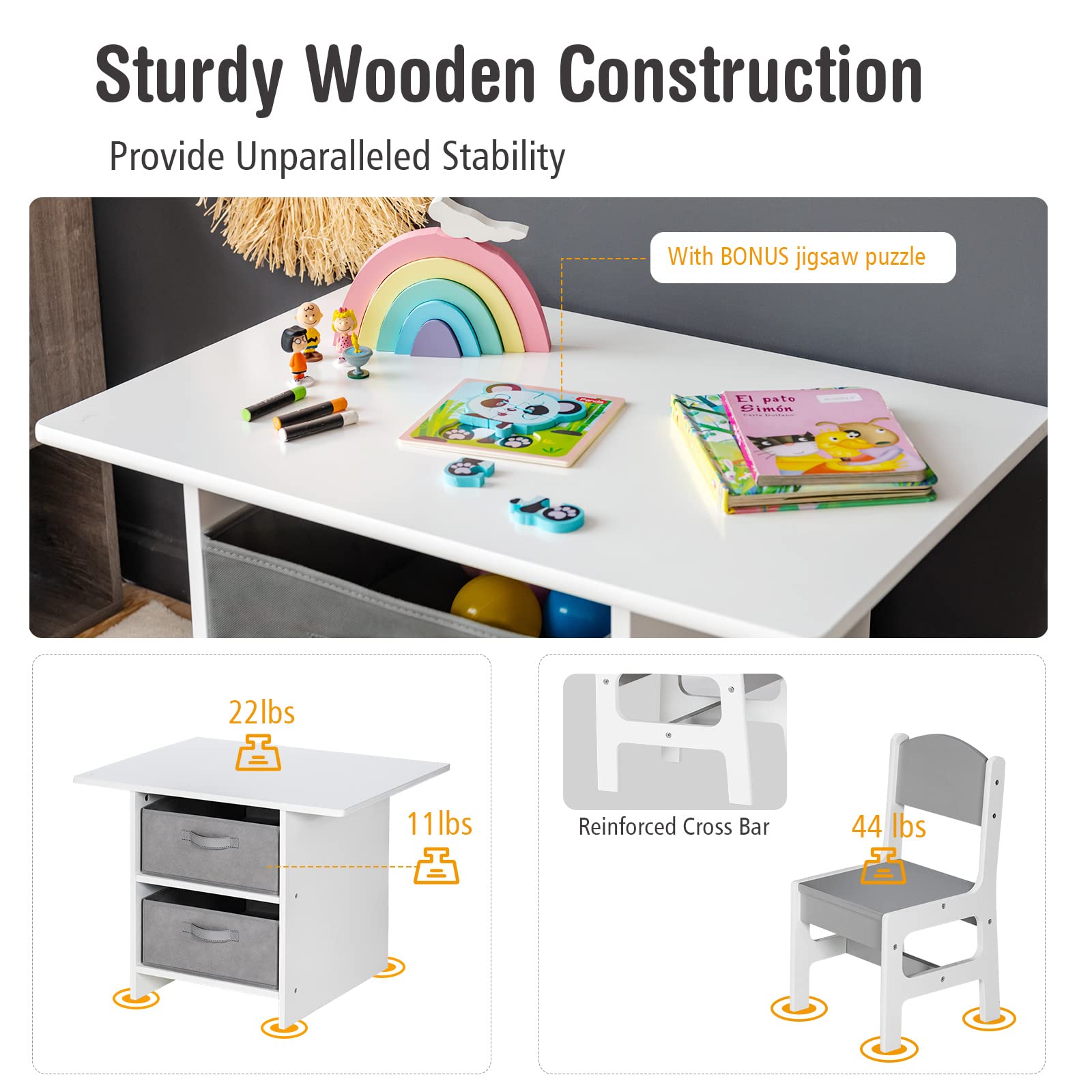 Costzon Kids Table and Chair Set, Wood Activity Table w/Toy Storage Baskets, Jigsaw Puzzle for Arts, Crafts, Reading, Children Playset Furniture for Preschool, Playroom, Toddler Table & Chair Set