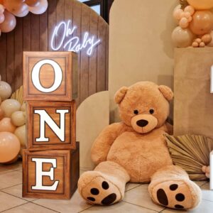 first birthday boxes party decorations 3 wood grain brown blocks with one letter, printed letters,first birthday centerpiece decor, teddy bear baby shower supplies, 1 year old birthday decorations