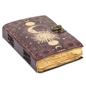 Sun & Moon Vintage Leather Journal for Men & Women 200 Pages of Antique Handmade Deckle Edge Vintage Paper, Leather Sketchbook, Drawing Journal, Printed leather Journal, Great Gift (7 x 5 Inch)