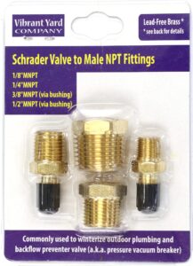 schrader valve to male npt fittings | adapters to winterize backflow preventer and pressure vacuum breaker (pvb) for sprinkler systems| blowout method using air compressor (lead-free brass)