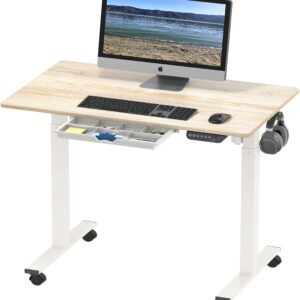 SHW Electric Height Adjustable Mobile Rolling Standing Desk Workstation, 40 x 24 Inches, Maple