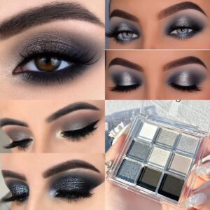 black smokey gray silver glitter shimmer eye makeup palette, 9 colors cool toned matte, make up black radiance eyeshadow palette, profesional sombras de ojos (a).