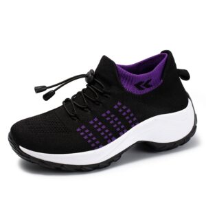 women's walking shoes sock sneakers slip on mesh air cushion comfortable wedge easy shoes platform loafers purple 39