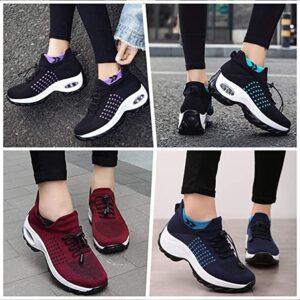 Women's Walking Shoes Sock Sneakers Slip on Mesh Air Cushion Comfortable Wedge Easy Shoes Platform Loafers Purple 39