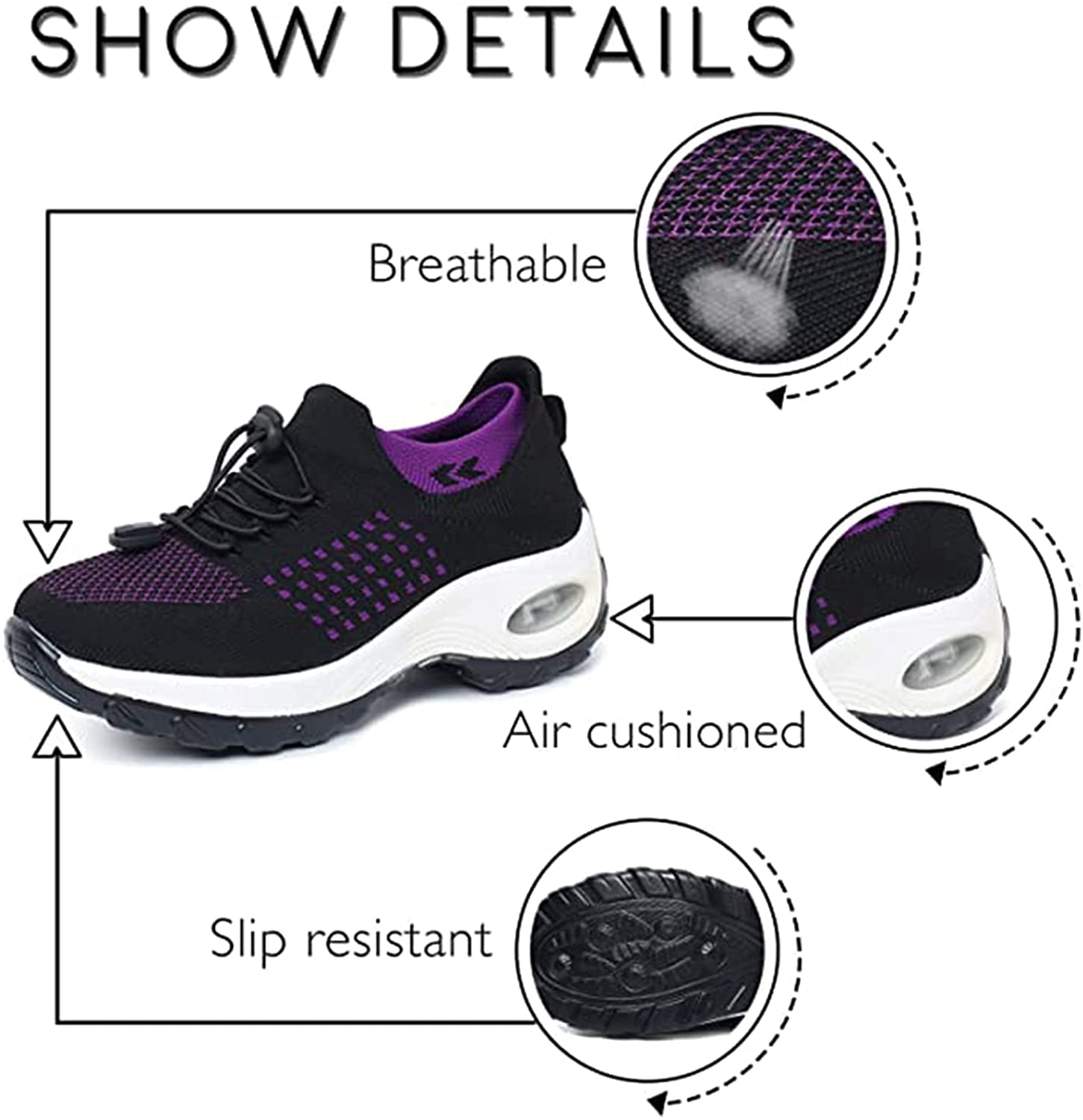 Women's Walking Shoes Sock Sneakers Slip on Mesh Air Cushion Comfortable Wedge Easy Shoes Platform Loafers Purple 39