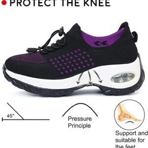 Women's Walking Shoes Sock Sneakers Slip on Mesh Air Cushion Comfortable Wedge Easy Shoes Platform Loafers Purple 39