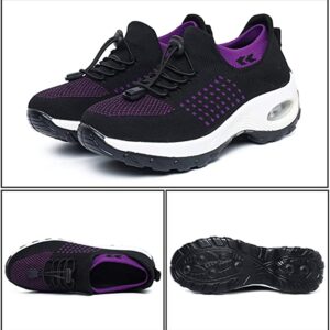 Women's Walking Shoes Sock Sneakers Slip on Mesh Air Cushion Comfortable Wedge Easy Shoes Platform Loafers Purple 39