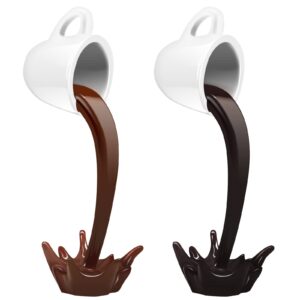 webbybear floating coffee cup sculpture, 2 pieces 8.7 in magic pouring spilling splash coffee mugs, funny resin coffee mug decorations for cafe or kitchen (brown, black)