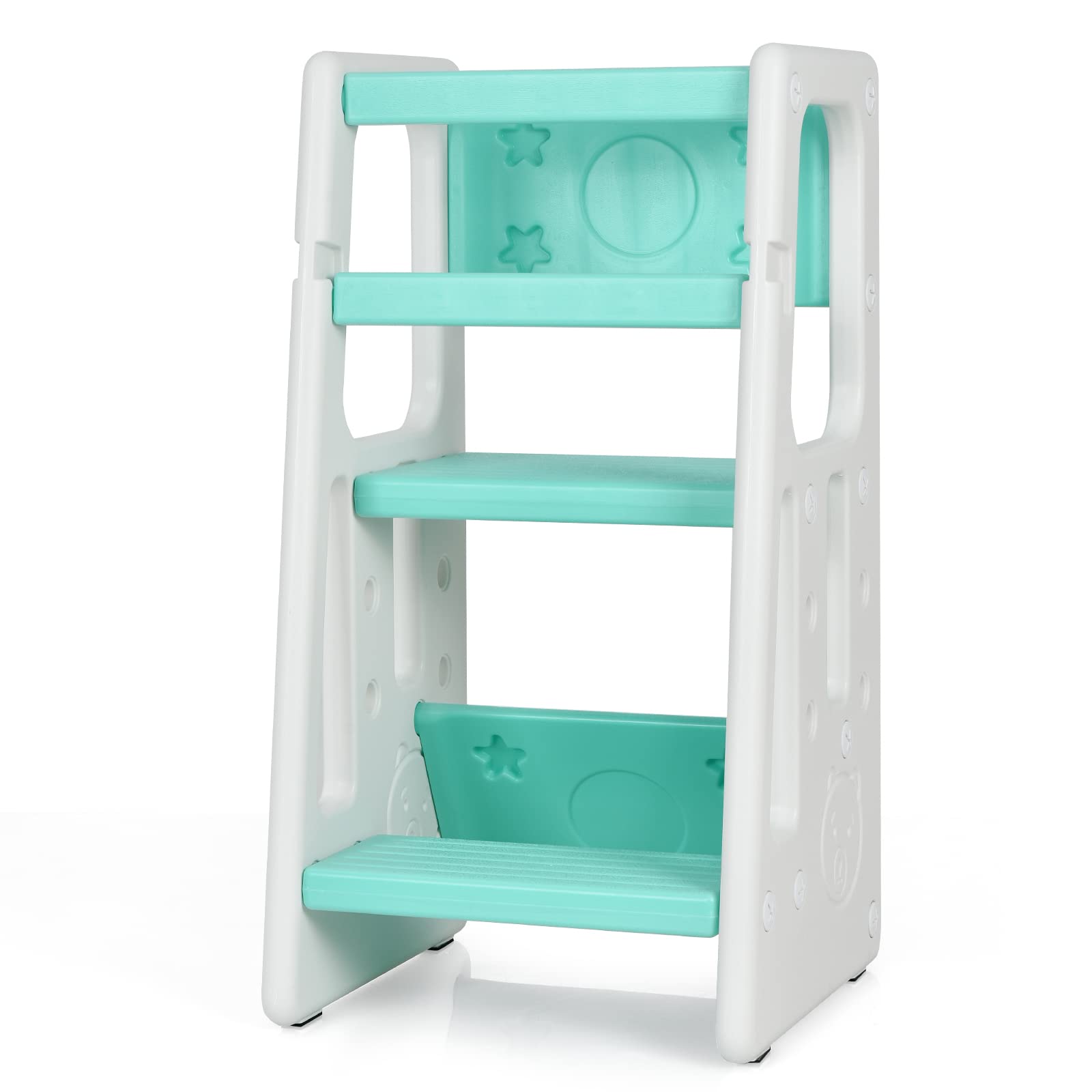 Costzon Kids Kitchen Step Stool with Double Safety Rails, Toddler Learning Stool with 3 Adjustable Heights and Non-Slip Foot Pads, Toddler Tower for Kitchen Countertop and Bathroom (Green)