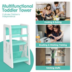Costzon Kids Kitchen Step Stool with Double Safety Rails, Toddler Learning Stool with 3 Adjustable Heights and Non-Slip Foot Pads, Toddler Tower for Kitchen Countertop and Bathroom (Green)