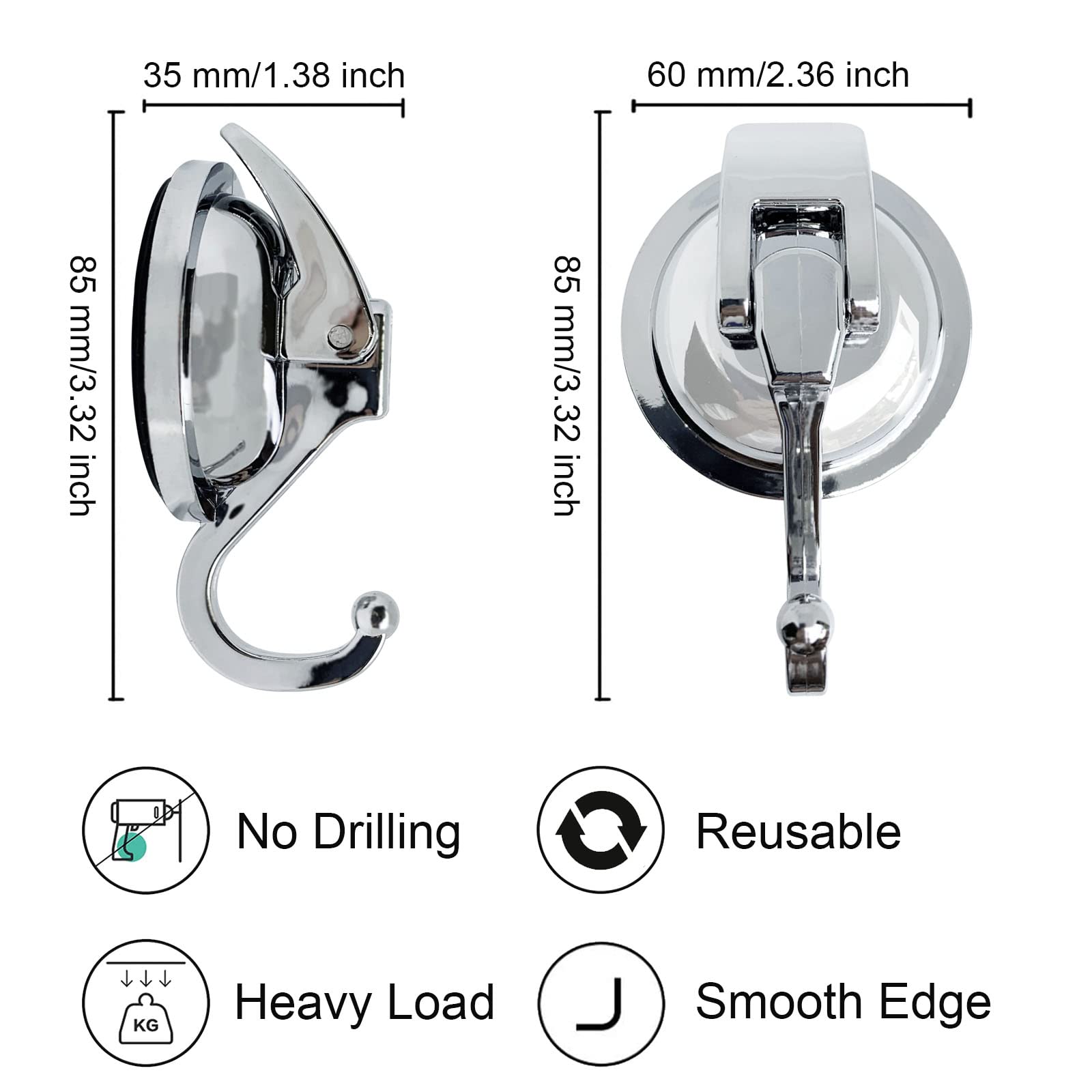 YSSILADI Suction Cup Hooks Heavy Duty Vacuum Suction Shower Hooks Glass Suction Cup Hooks Bathroom Robe Hooks Reusable, No Hole Punched, for Garland Decoration (Silver, 2 Pack)