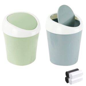 sitake 2 pcs plastic mini wastebasket trash can with 120 trash bags, tiny desktop waste garbage bin with swing lid for home, office, kitchen, vanity tabletop, bedroom, bathroom (blue + green)