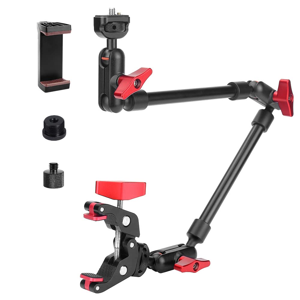 JEBUTU Upgraded 22in/57cm Adjustable Articulating Friction Magic Arm with 1/4" Thread & Super Clamp with Two 1/4" and one 3/8" Thread, Camera Mount for LED Light/Microphone Video Rig