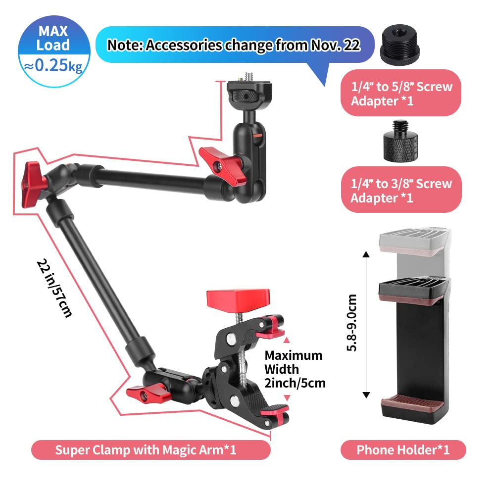 JEBUTU Upgraded 22in/57cm Adjustable Articulating Friction Magic Arm with 1/4" Thread & Super Clamp with Two 1/4" and one 3/8" Thread, Camera Mount for LED Light/Microphone Video Rig