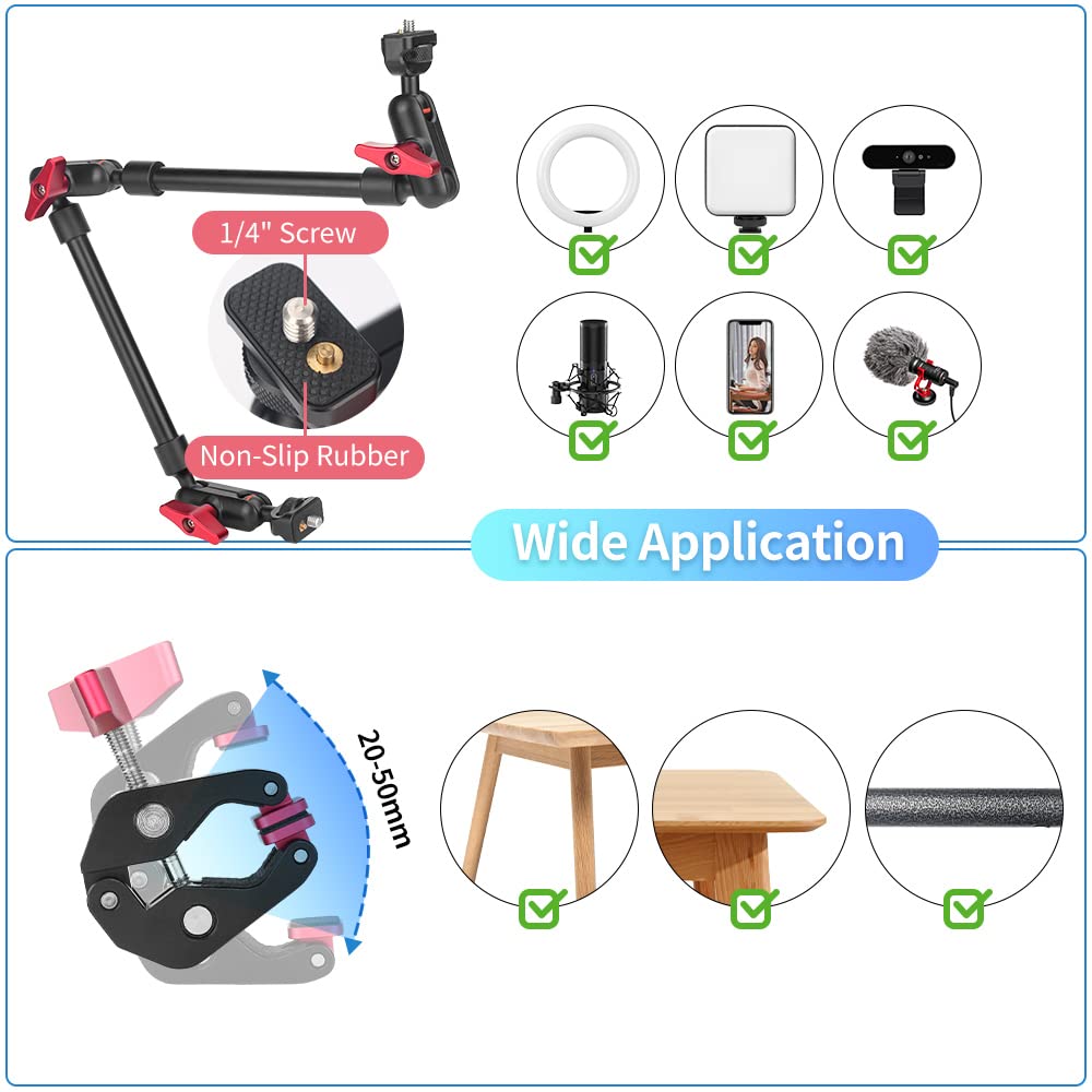 JEBUTU Upgraded 22in/57cm Adjustable Articulating Friction Magic Arm with 1/4" Thread & Super Clamp with Two 1/4" and one 3/8" Thread, Camera Mount for LED Light/Microphone Video Rig