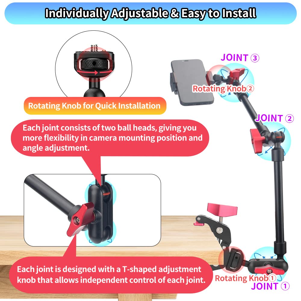 JEBUTU Upgraded 22in/57cm Adjustable Articulating Friction Magic Arm with 1/4" Thread & Super Clamp with Two 1/4" and one 3/8" Thread, Camera Mount for LED Light/Microphone Video Rig