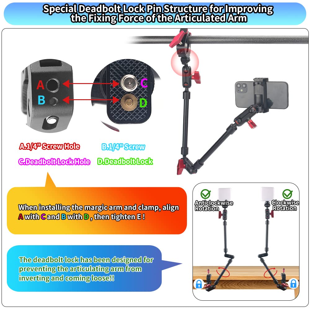 JEBUTU Upgraded 22in/57cm Adjustable Articulating Friction Magic Arm with 1/4" Thread & Super Clamp with Two 1/4" and one 3/8" Thread, Camera Mount for LED Light/Microphone Video Rig