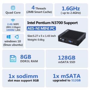 VNOPN Micro Firewall Appliance Intel N3700 Quad Core, Fanless Mini PC 4 Intel 2.5GbE i225 LAN Ports 8GB RAM DDR3 128GB mSATA SSD, Network Gateway Soft Router PC, Support AES NI/WiFi