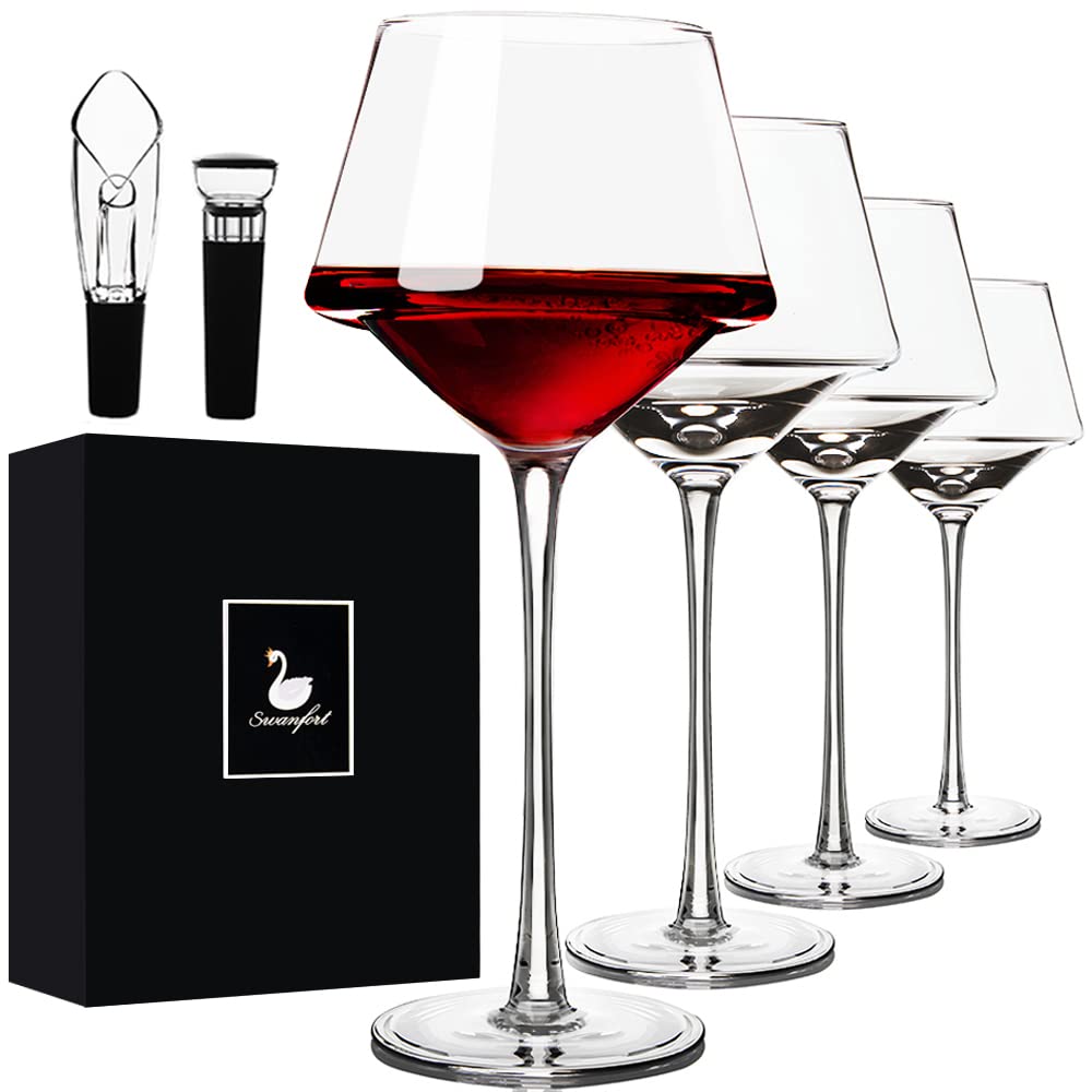 Swanfort Red Wine Glasses Set of 4 with Wine Aerator Pourer and Vacuum Wine Stopper Hand Blown Crystal Wine Glasses With Stem, Unique Design in Gift Box for All Purpose 14.5 OZ