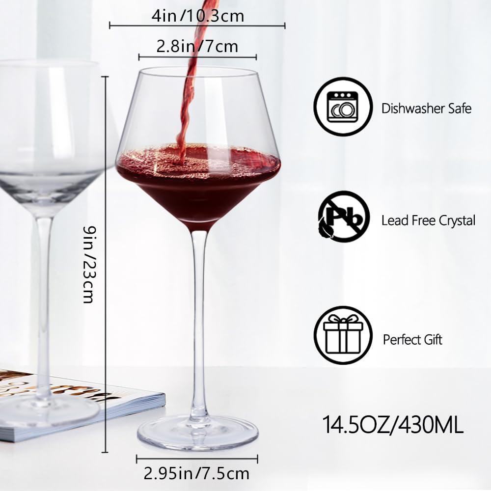 Swanfort Red Wine Glasses Set of 4 with Wine Aerator Pourer and Vacuum Wine Stopper Hand Blown Crystal Wine Glasses With Stem, Unique Design in Gift Box for All Purpose 14.5 OZ