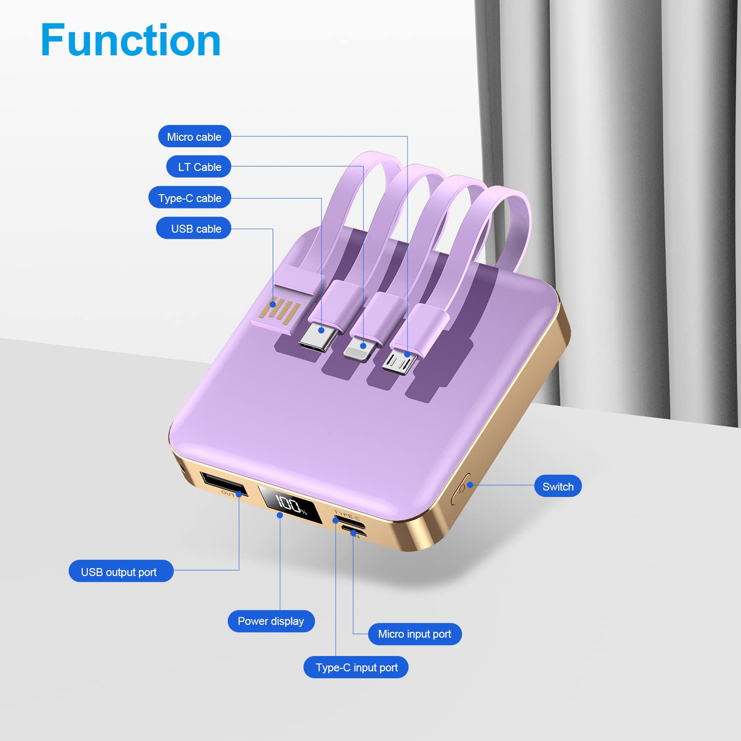 ummz 12000mAh Small Power Bank,Mini Portable Charger Built in 4 Cables,USB C Input/Output with Smart LED Display,External Battery Portable Charger Power Bank for iPhone,Tablet,Samsung