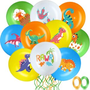 40 pieces dinosaur latex balloons 12 inch assorted dinosaur party decoration with 2 rolls of ribbon for kids dinosaur theme party dino jungle theme party baby birthday shower supplies