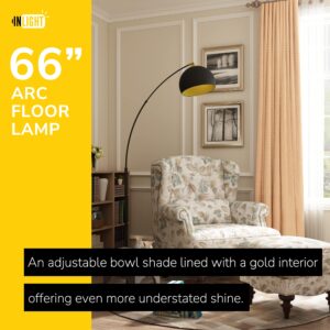 GETINLIGHT 66" Modern Black Metal Arc Floor Lamp with Inner Gold Metal Shade and Black Marble Base, LED Bulb Included, IN-0806-1-BK