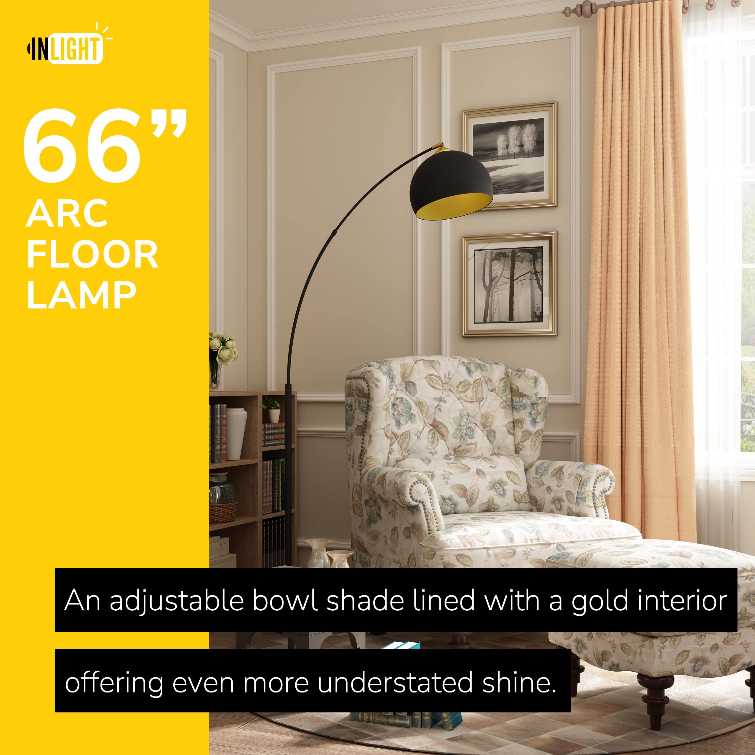 GETINLIGHT 66" Modern Black Metal Arc Floor Lamp with Inner Gold Metal Shade and Black Marble Base, LED Bulb Included, IN-0806-1-BK