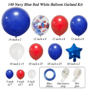 RUBFAC 140pcs Red White and Blue Balloon Garland Kit 4th of July Balloons Graduation Party Supplies Patriotic Balloon Arch for Nautical Party Decorations