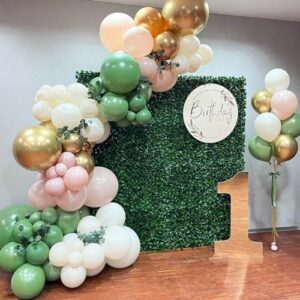 RUBFAC 150pcs Sage Green Pink Balloon Garland Arch Kit, Olive Green Blush Peach Gold Balloons with Artificial Ivy for Baby Shower Birthday Garden Theme Party Decorations