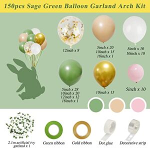 RUBFAC 150pcs Sage Green Pink Balloon Garland Arch Kit, Olive Green Blush Peach Gold Balloons with Artificial Ivy for Baby Shower Birthday Garden Theme Party Decorations