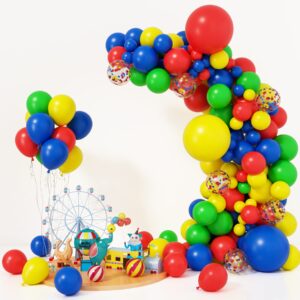 rubfac 123pcs primary balloons carnival circus balloon arch garland kit, red yellow blue green balloons rainbow supplies for baby shower paw theme birthday decorations
