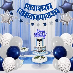 G-LOVELY'S Navy Sliver Birthday Decorations Set with Happy Birthday Balloon Letters Banner, Confetti Balloons, Fringe Curtain, Men Women Boys Girls Navy Blue Silver Birthday Party Supplies