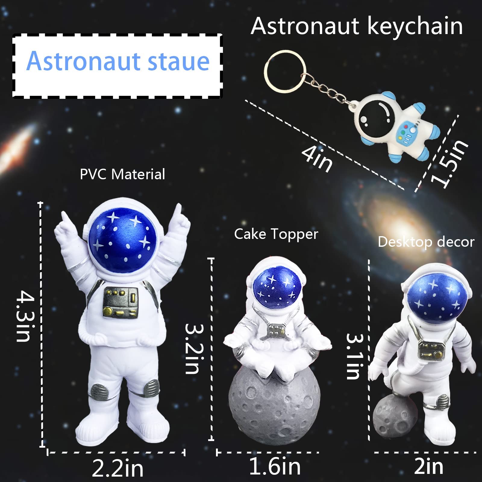 4 PCS Astronaut Figurine, Blue Astronaut Figure Toy Desktop Ornaments Resin Outer Space Birthday Cupcake Spaceman for Kids Party Funny Gift, 3PCS Astronaut and 1PCS Keychain, Desk Decor, Shelf Decor