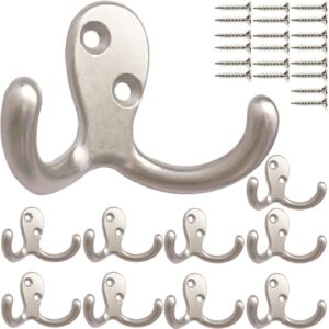 msbong 10pcs coat hooks hardware, wall hooks heavy duty hooks for hanging coats double no rust hooks wall mounted for key, towel, bags, cup, hat (silvery)