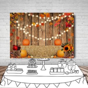 LYWYGG 7x5FT Fall Thanksgiving Photo Backdrop Autumn Retro Board Backdrops Wooden Fence Haystack Pumpkin Photo Background Thanksgiving Party Decorations Studio Photography Props CP-367 Yellow