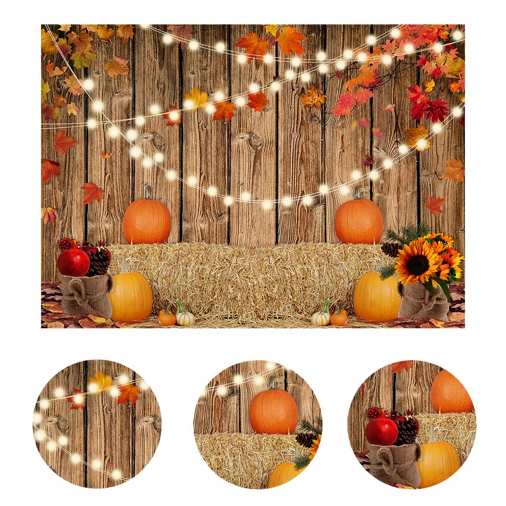 LYWYGG 7x5FT Fall Thanksgiving Photo Backdrop Autumn Retro Board Backdrops Wooden Fence Haystack Pumpkin Photo Background Thanksgiving Party Decorations Studio Photography Props CP-367 Yellow