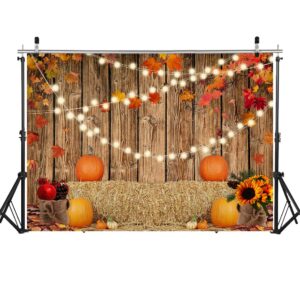 LYWYGG 7x5FT Fall Thanksgiving Photo Backdrop Autumn Retro Board Backdrops Wooden Fence Haystack Pumpkin Photo Background Thanksgiving Party Decorations Studio Photography Props CP-367 Yellow