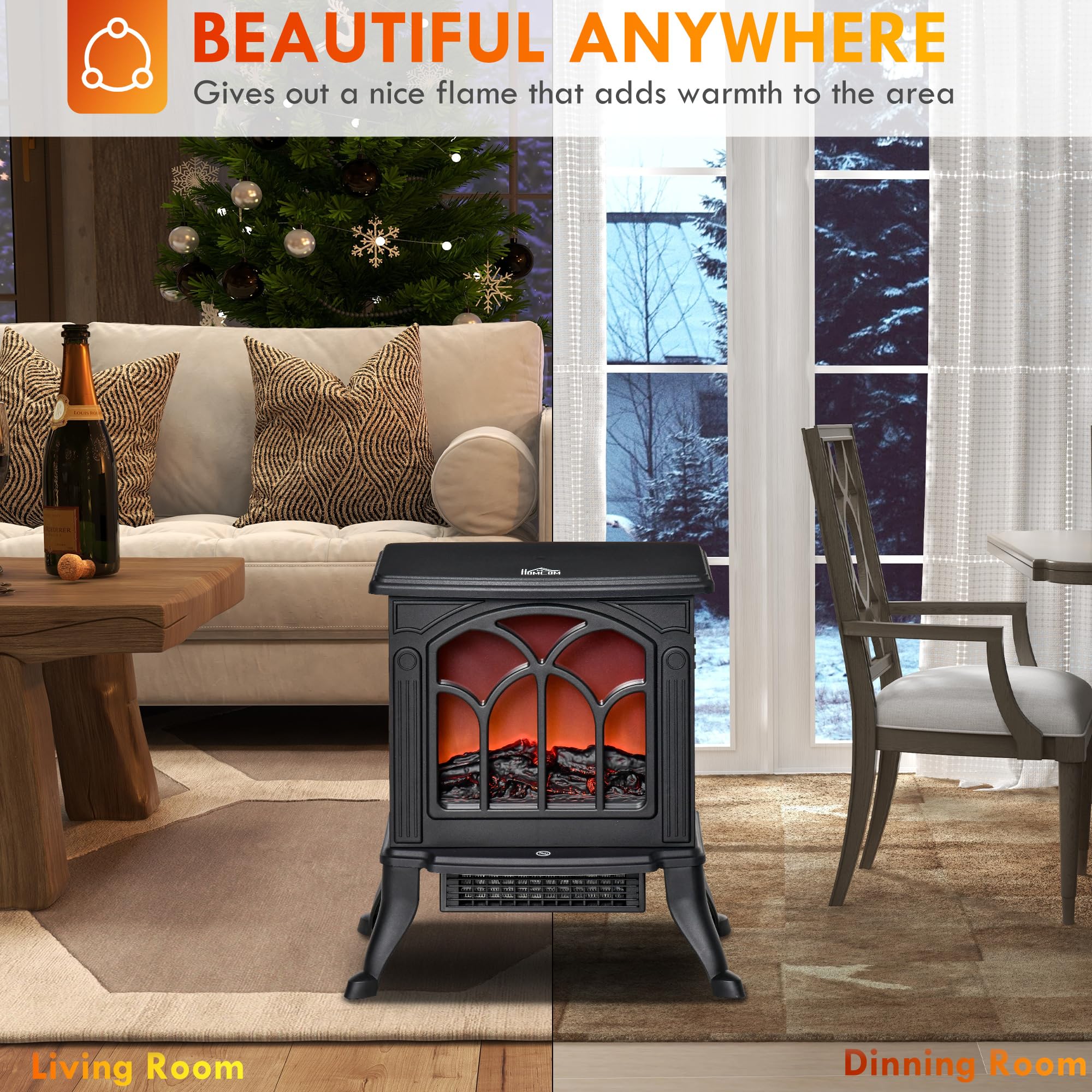 HOMCOM 17" Freestanding Electric Fireplace Stove, Fire Place Heater with Realistic Logs and Flame Effect, Adjustable Temperature, and Overheat Protection, 750W/1500W, Black