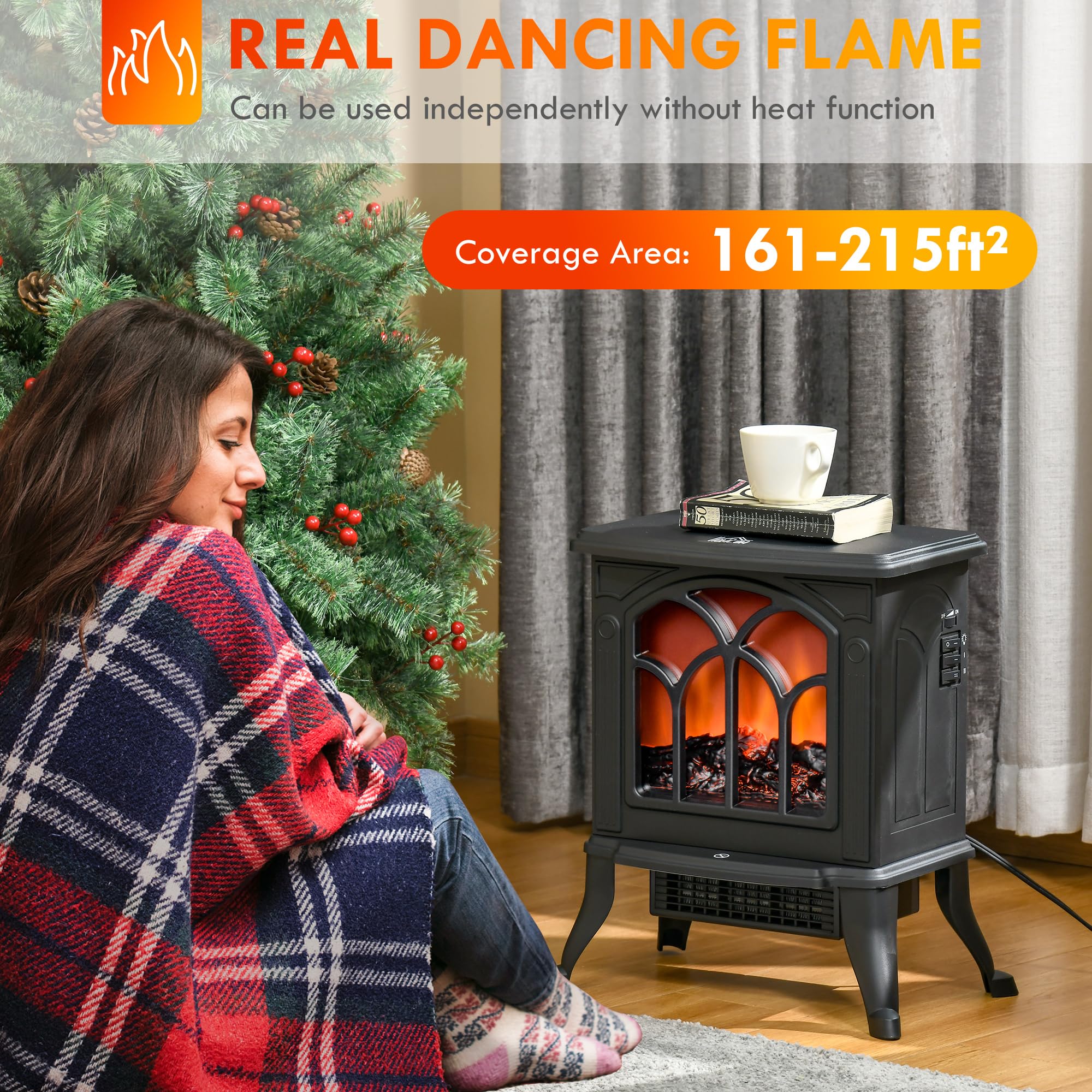 HOMCOM 17" Freestanding Electric Fireplace Stove, Fire Place Heater with Realistic Logs and Flame Effect, Adjustable Temperature, and Overheat Protection, 750W/1500W, Black