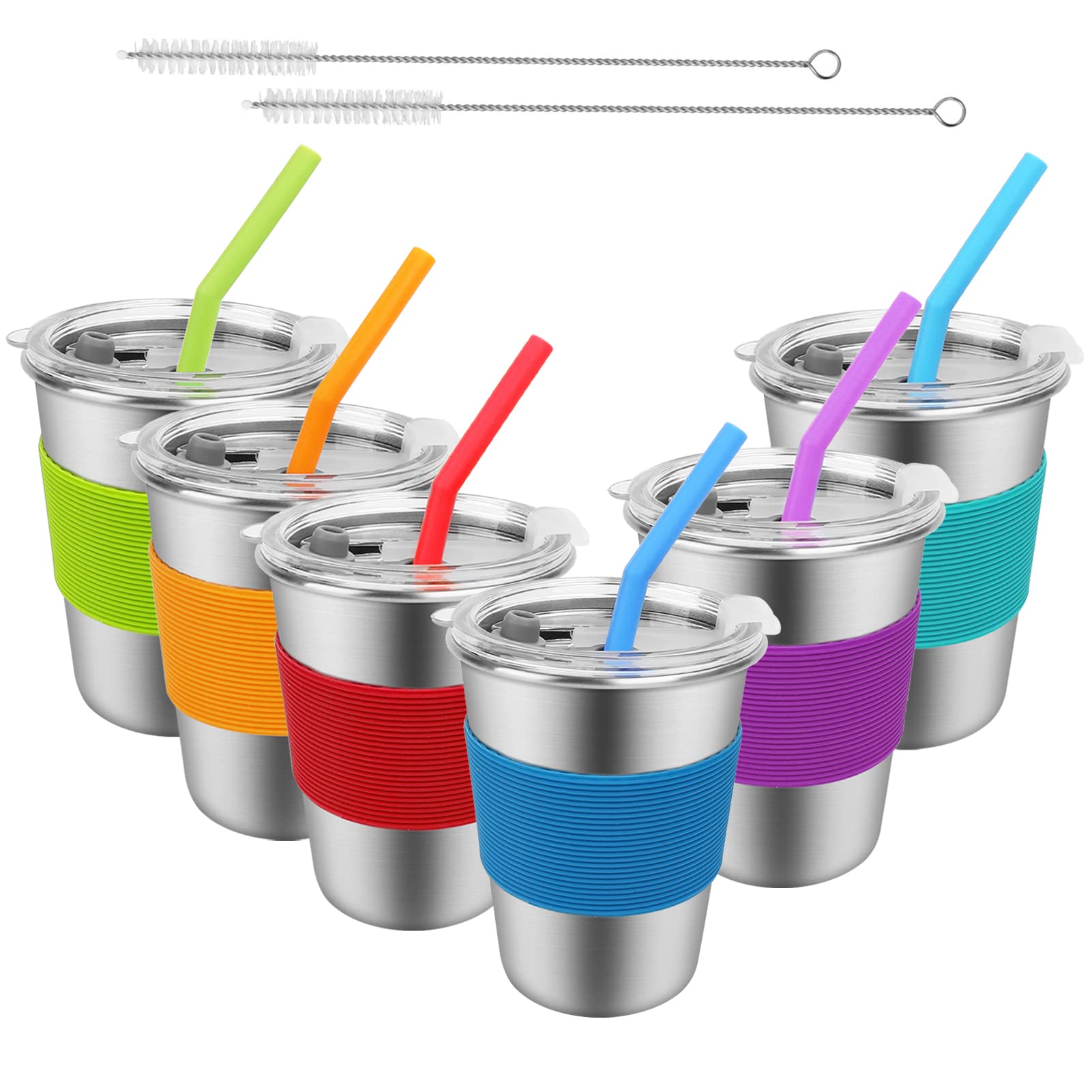 SSAWcasa Kids Cups with Straws and Lids, 6 Pack 12oz Spill Proof Sippy Cups, Stainless Steel Toddler Tumblers, Unbreakable Kids Water Drinking Glasses, BPA-Free Reusable Metal Mug for Children Adult